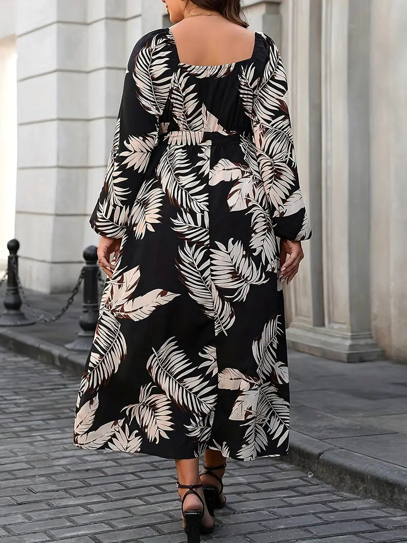 Leaf Print Lantern Sleeve Belt Waist Plus Size Women's Dress