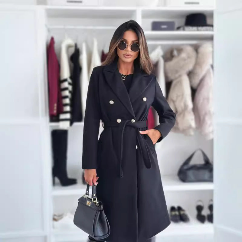 Autumn Winter Fashion Solid Color Double-Breasted Belt Woolen Jacket Women's Clothing