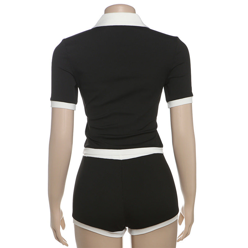 Summer Women's Short-Sleeve Turndown Collar Top with Bodycon Shorts Set 9