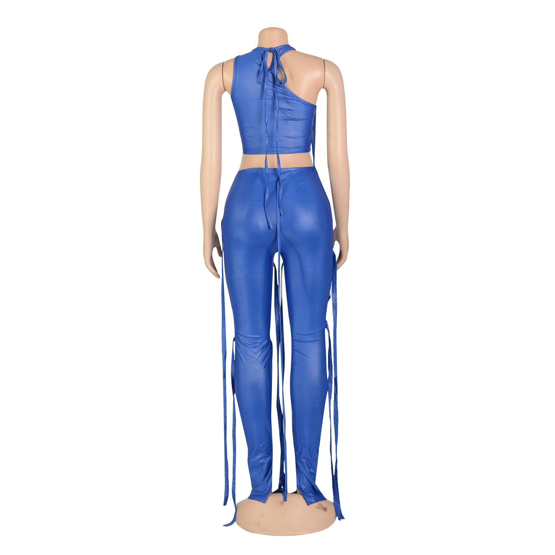 Women's Sexy Faux Leather Tank Top Lace-Up Pants Two Piece Nightclub Set 36