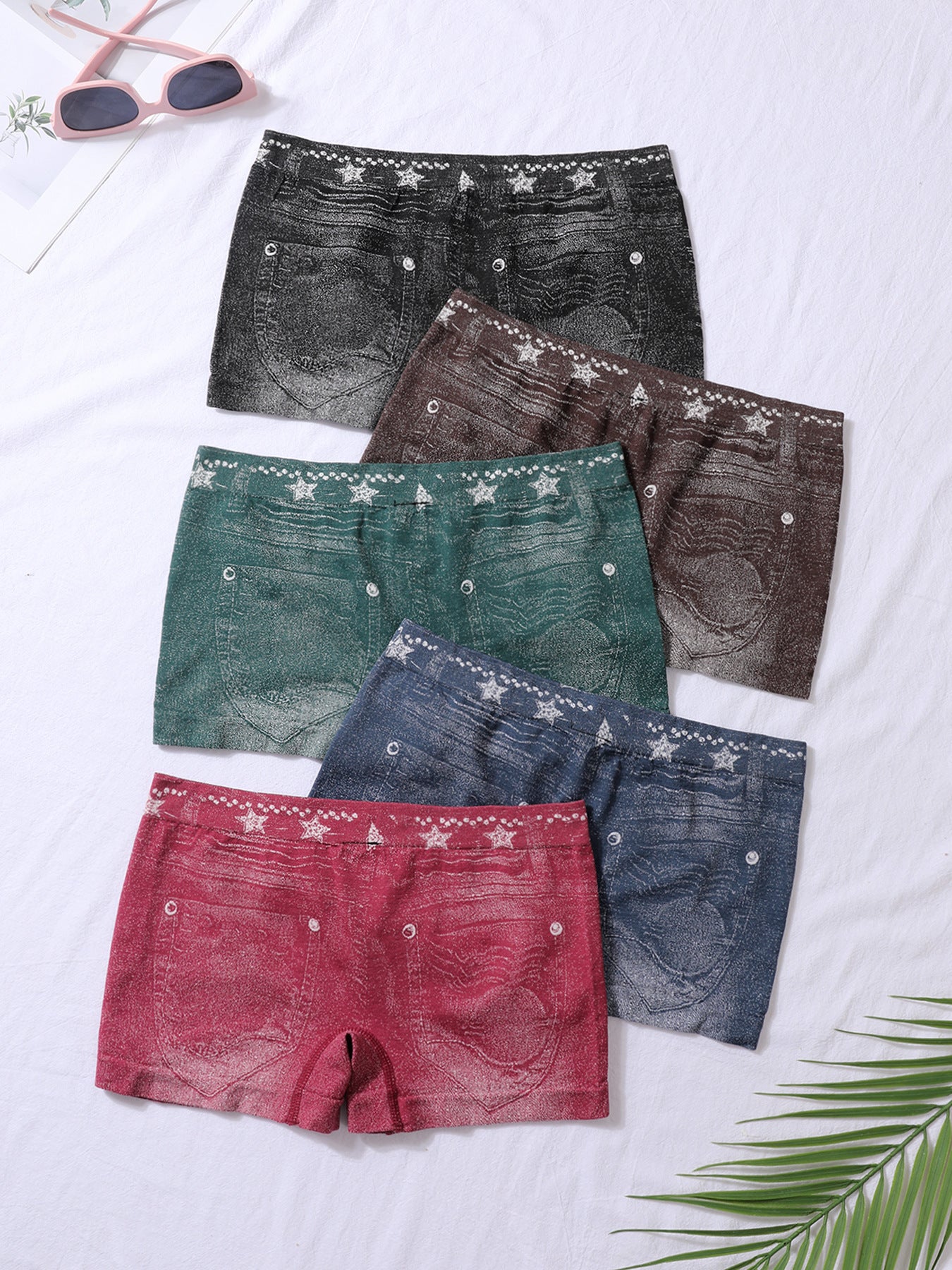 Seamless Simulated Denim Pattern Print Outdoor Wear High Stretch Mid-Rise Women's Square Leg Shorts 10