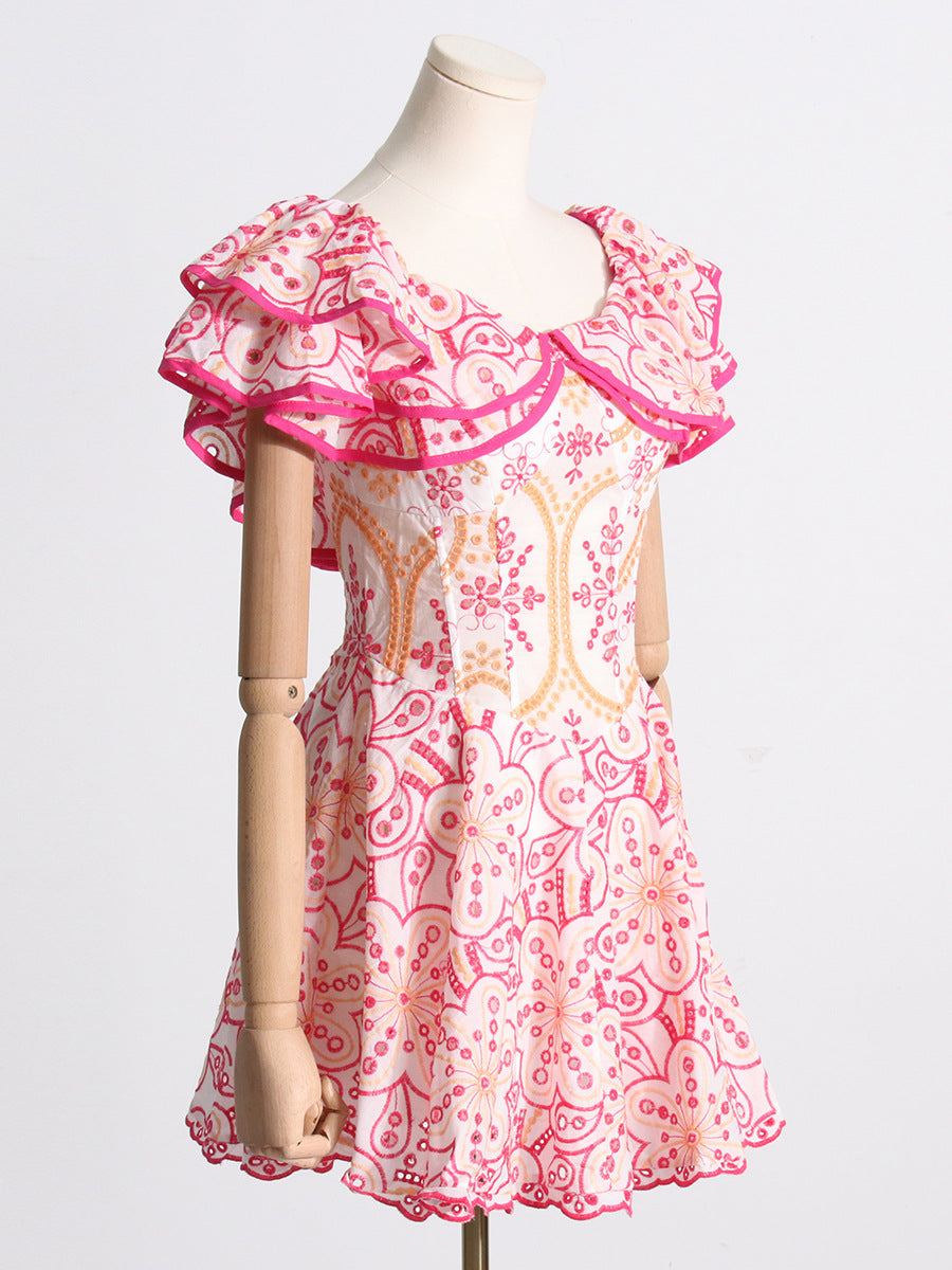 Summer Off Shoulder ruffle embroidered lace Slim Waist Slim Fit Holidays style dress 6