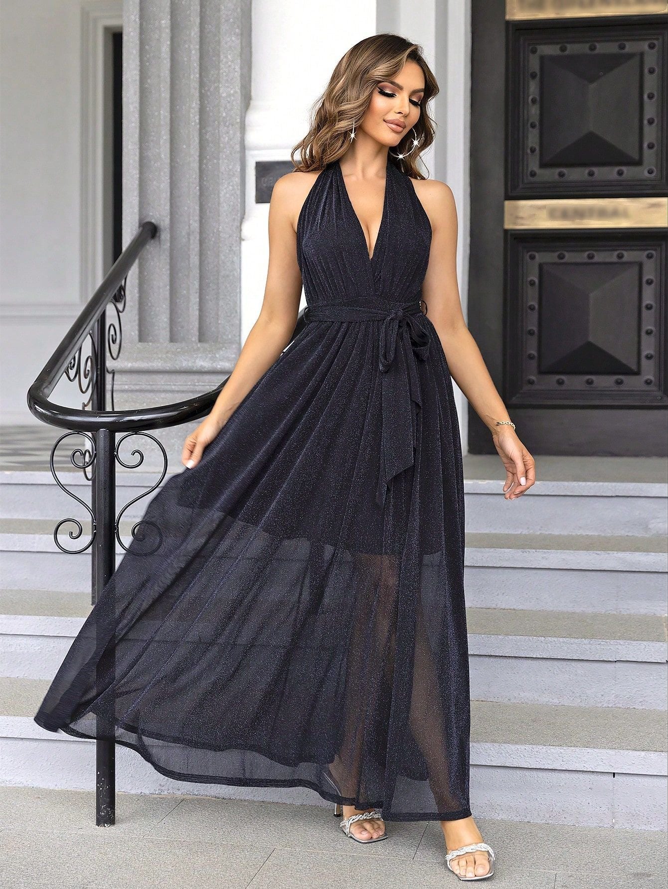 Women's Halter Sexy V-Neck Low Back Patchwork Belt Evening Dress 5