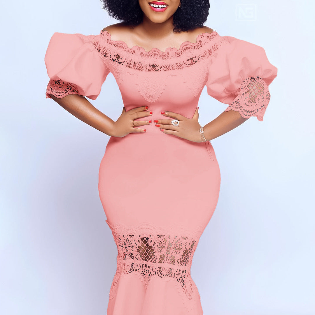 Women Off Shoulder Puff Sleeve Lace Patchwork Formal Party Mermaid Dress 4