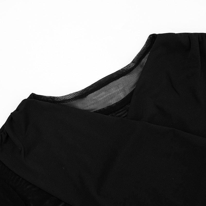 Women Autumn/Winter Cross-Gathered Double-Collared Top and See-Through Mesh Skirt with Three-Piece Knee Pads 19