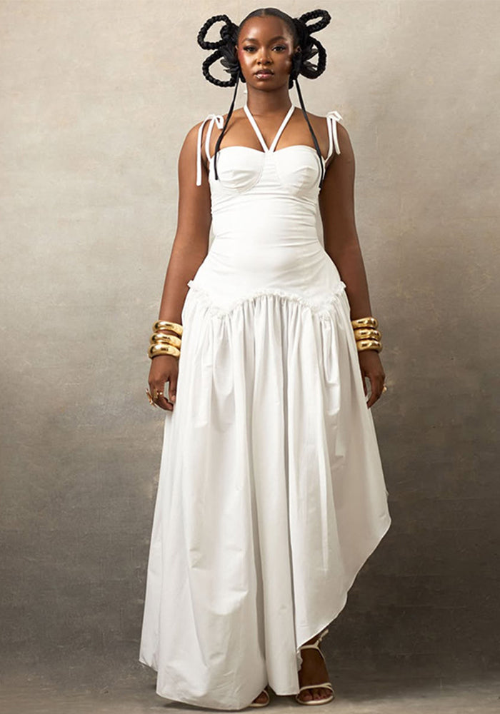 Solid Color slim women's pleated Low Back Halter Neck A-line long dress