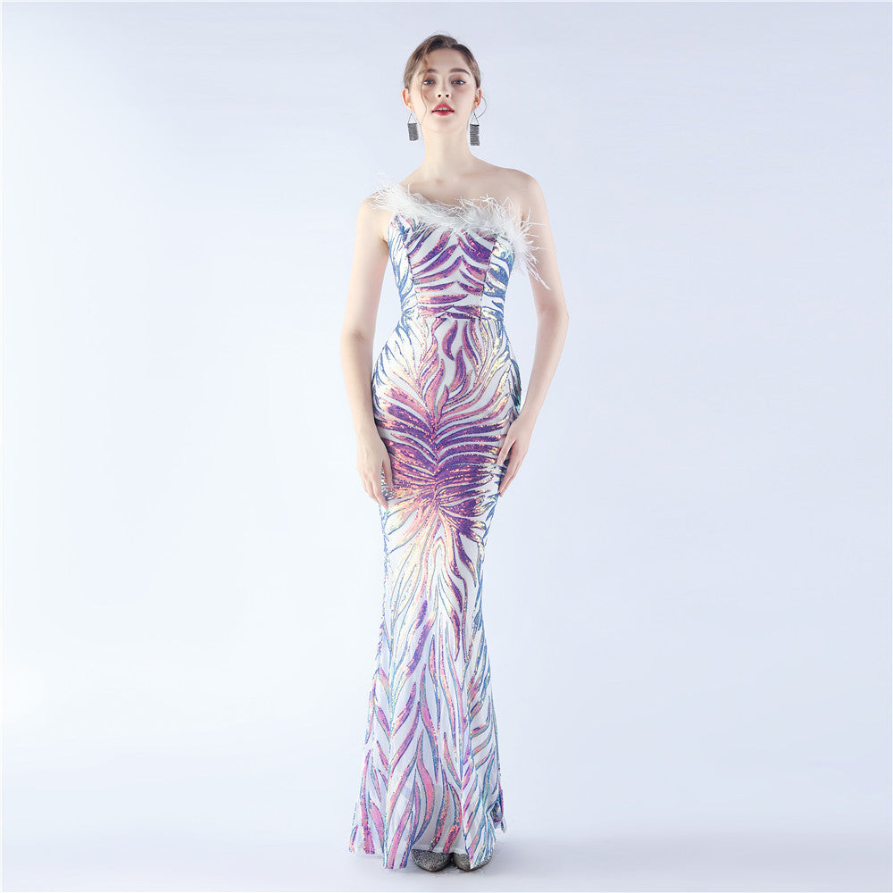 Women Sequined Ostrich Feather Slash Shoulder Evening Gown 6