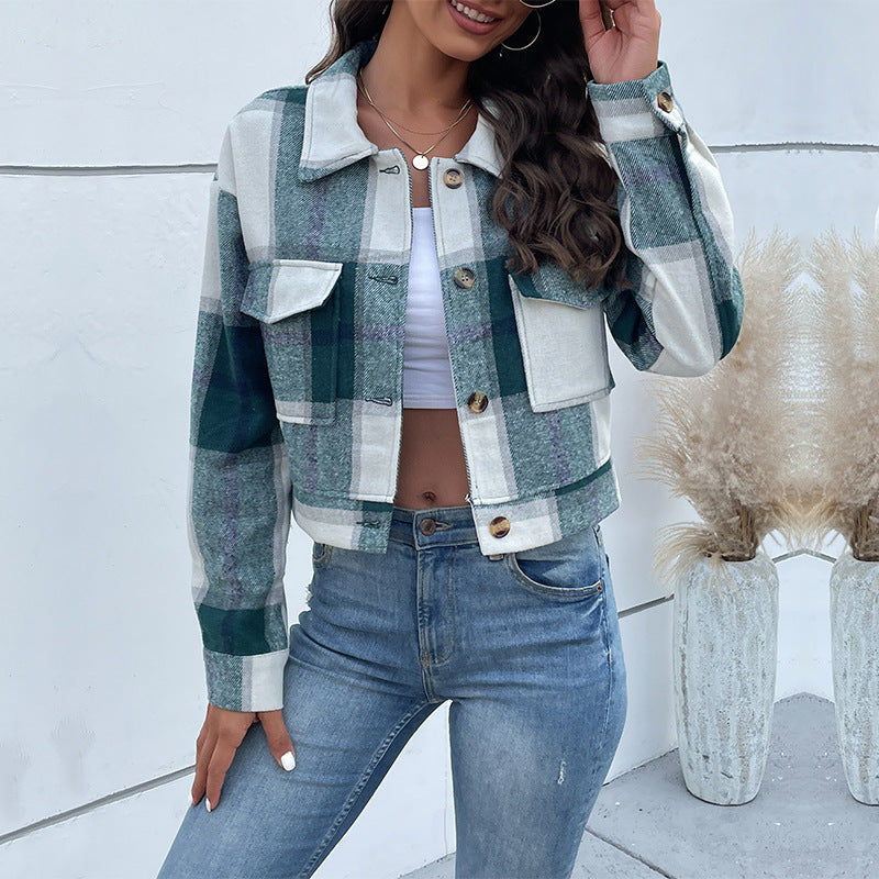Women Autumn Crop Plaid Cardigan Shirt Vintage Jacket Coat 13
