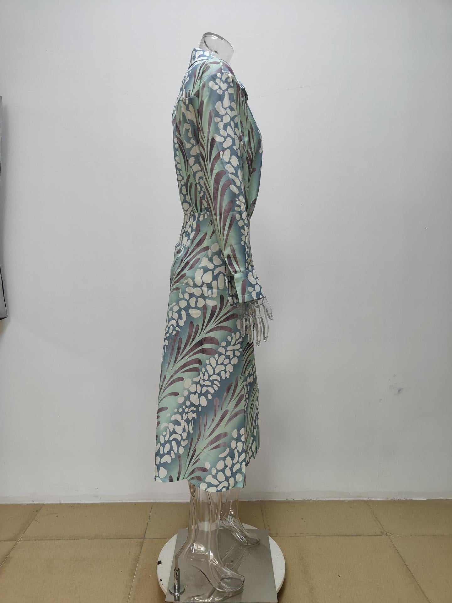 Autumn women's elegant print Turndown Collar long-sleeved shirt high waist skirt fashion two piece set 9