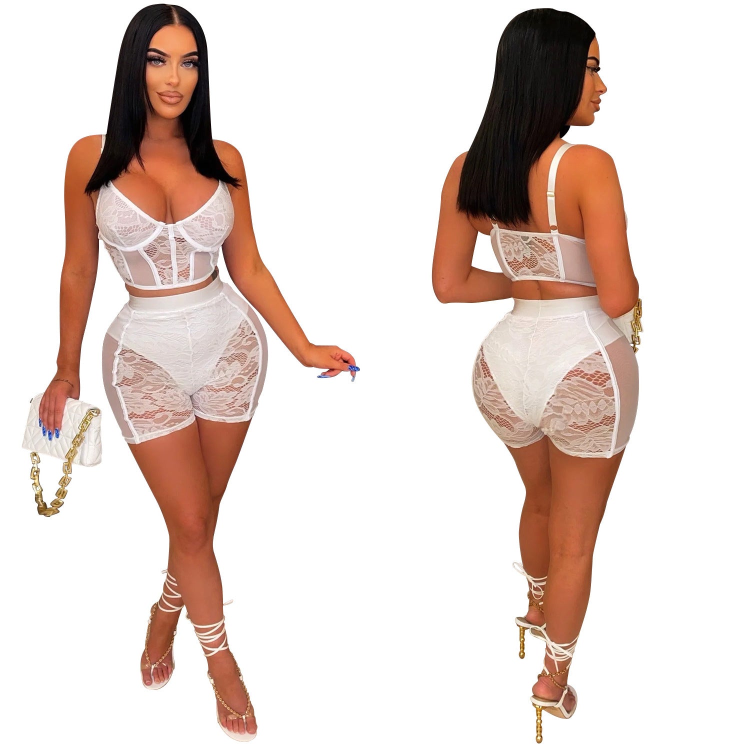 Women Solid Sexy Lace Sleeveless Top and Shorts Two-piece Set 17