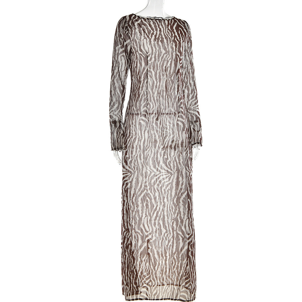 Women Bohemian See-Through Round Neck Long Sleeve Printed Maxi Dress 11