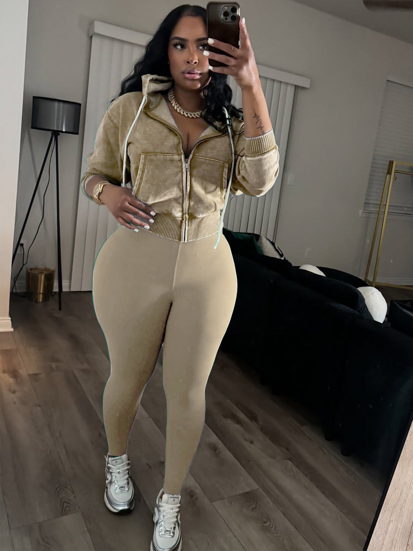 Fashion Women's Washed Zipper Hooded Top Yoga Pants Sport Casual Two-Piece Set 5