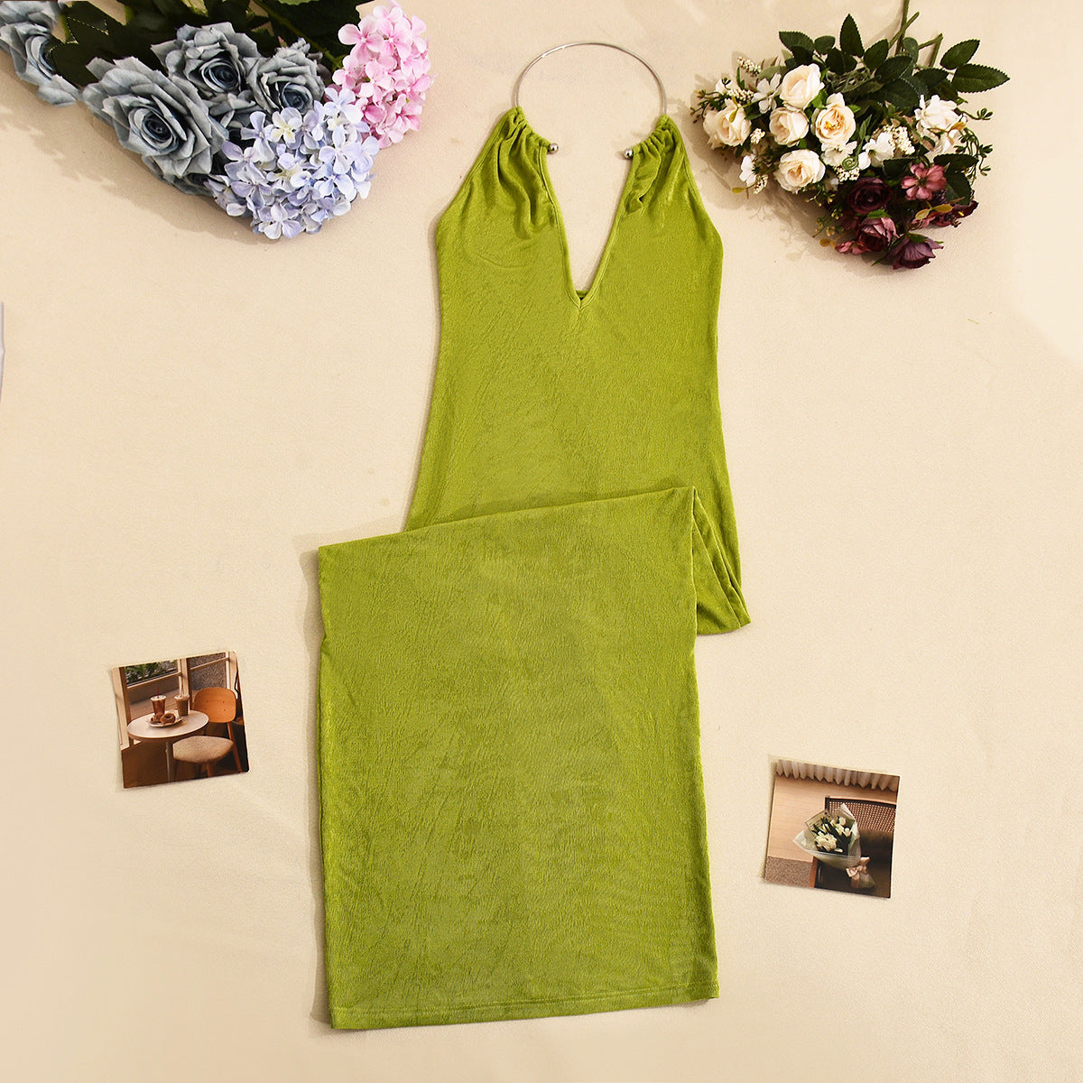 Women Sexy V-Neck Metal Halter Neck Maxi Dress 7