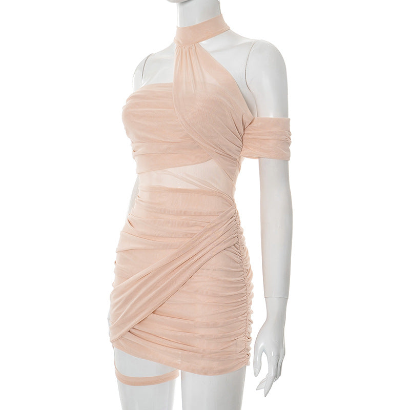 Women Solid mesh Halter Neck Backless Asymmetric Gathered Bodycon Dress 6