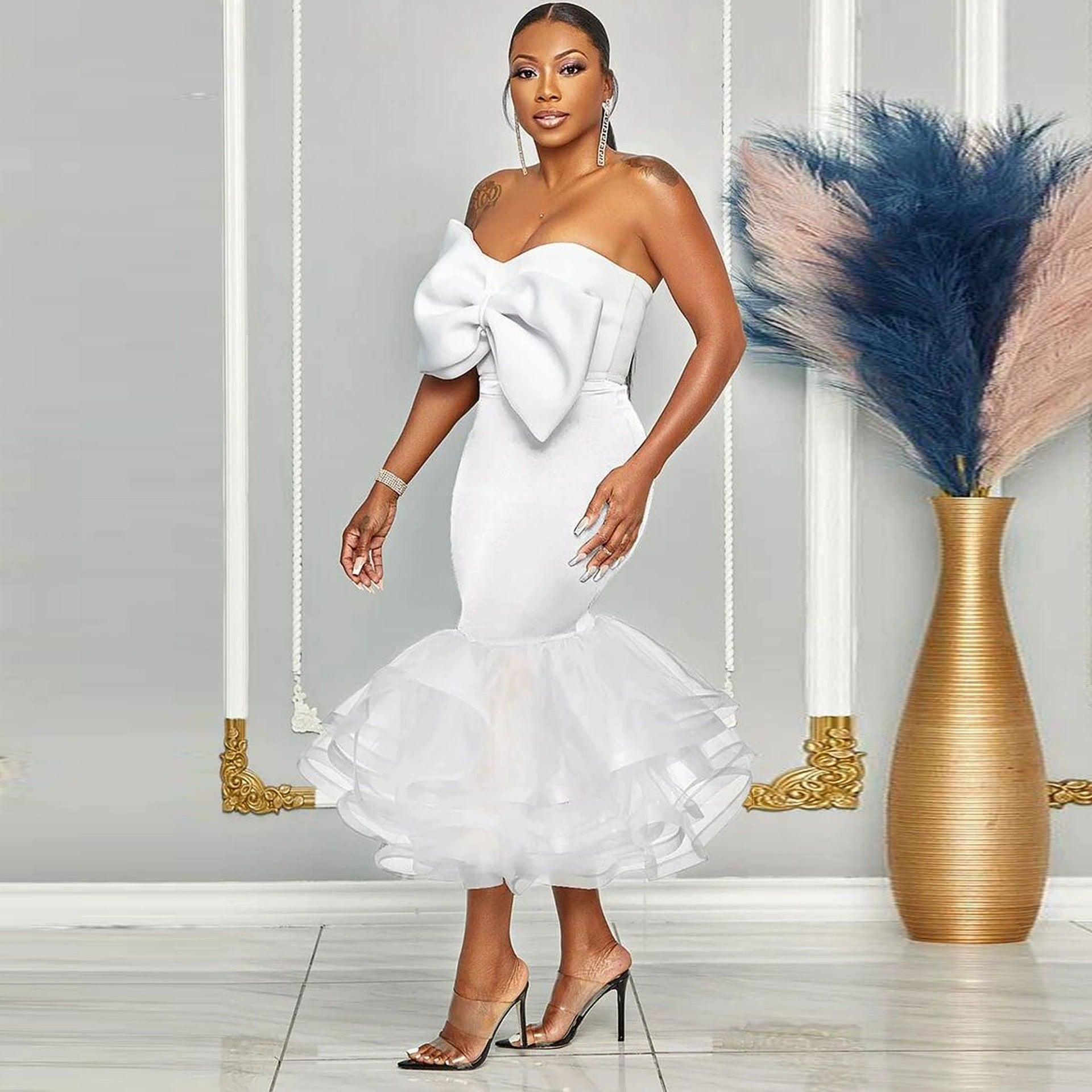 Women Sexy Contrast Strapless Off-Shoulder Bowknot Mesh Bodycon Skirt Two-Piece Set 8