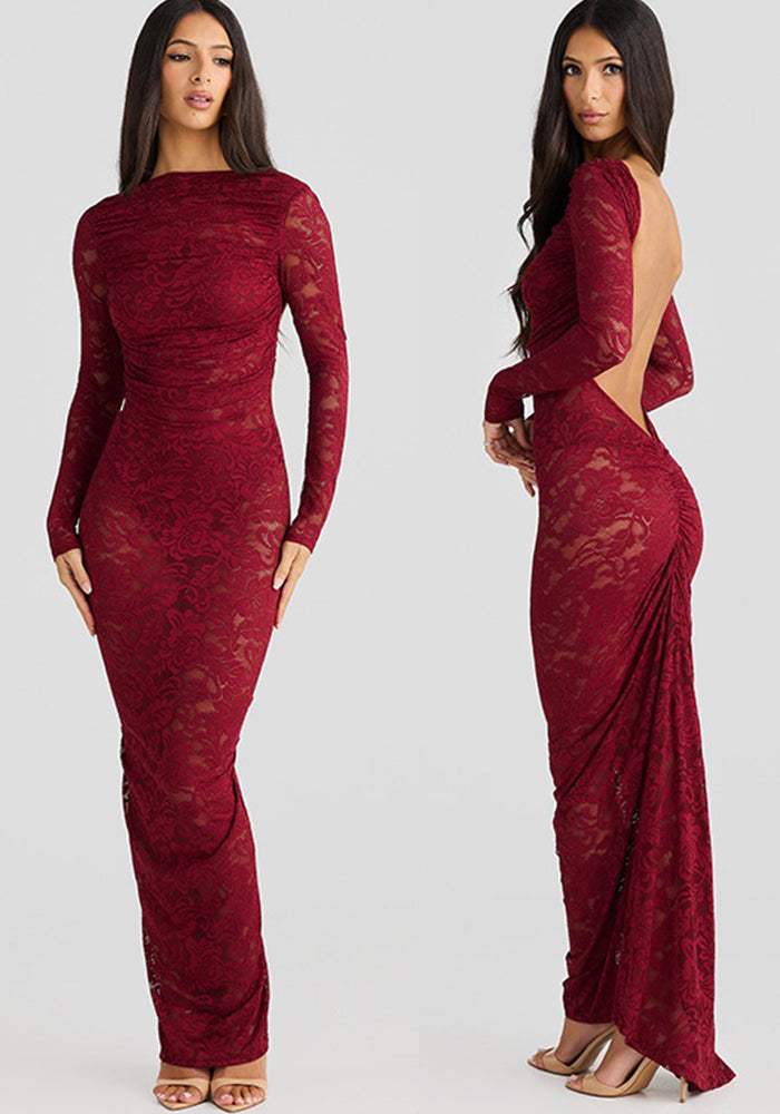 Women Lace Patchwork See-Through Backless Gathered Bodycon Dress