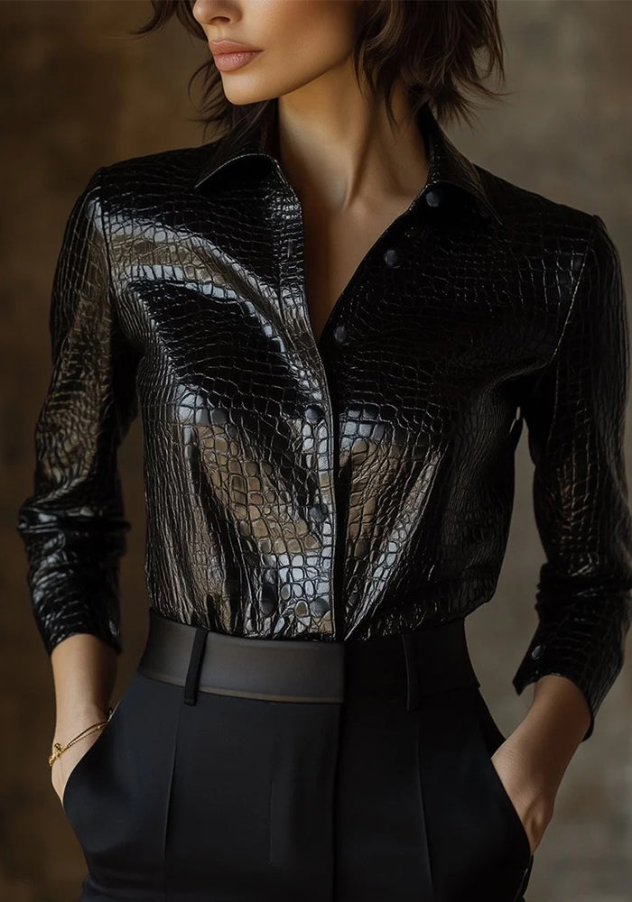 Women Pu Leather Shiny Snake Print Long-Sleeved Shirt