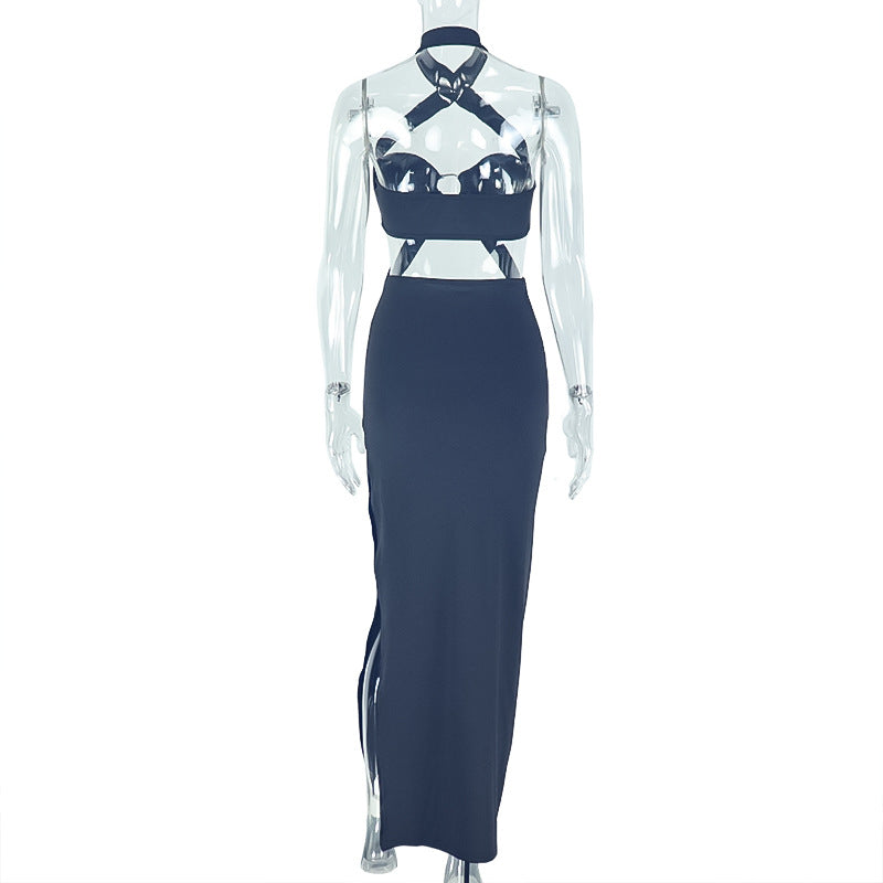 Women Slit Pleated Sexy Halter Neck Backless Bodycon Dress 7