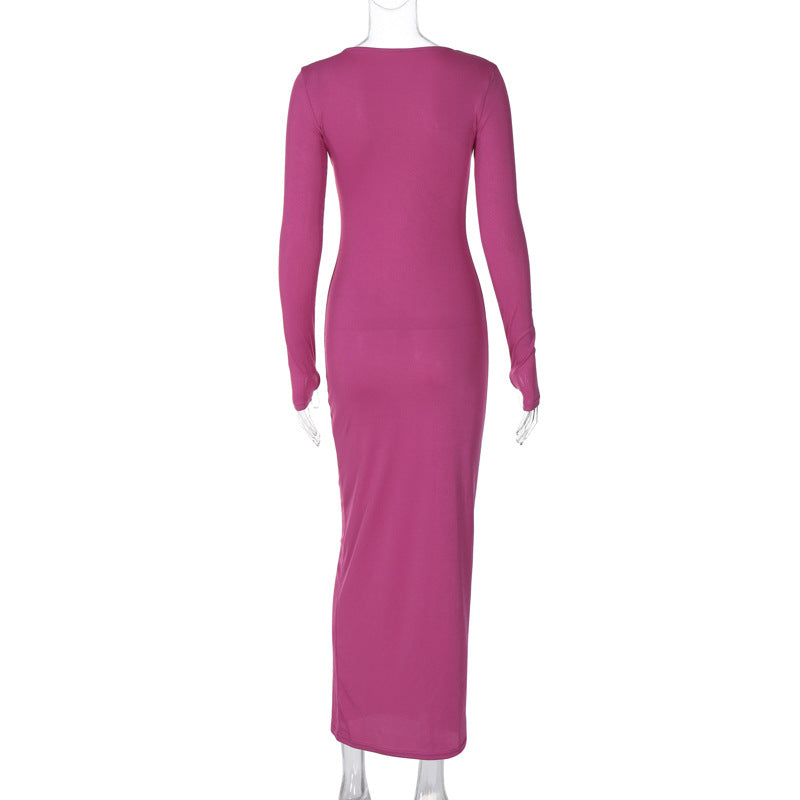 Women's Spring Fashion Solid Color Slim Fit Round Neck Long Sleeve Dress 17