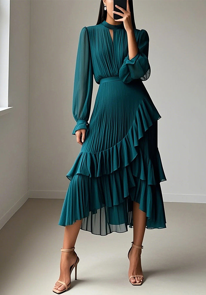 Women Solid Ruffle Pleated Dress