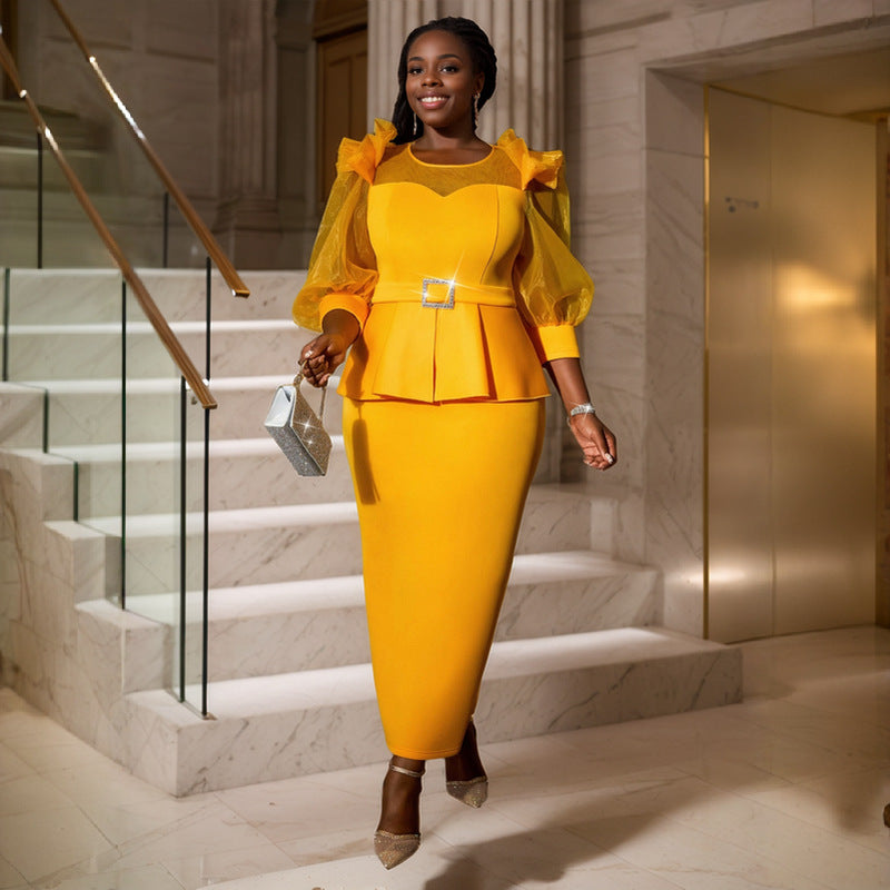 Round Neck See-Through Lantern Sleeve Formal Party Fashion Women Dresses 3