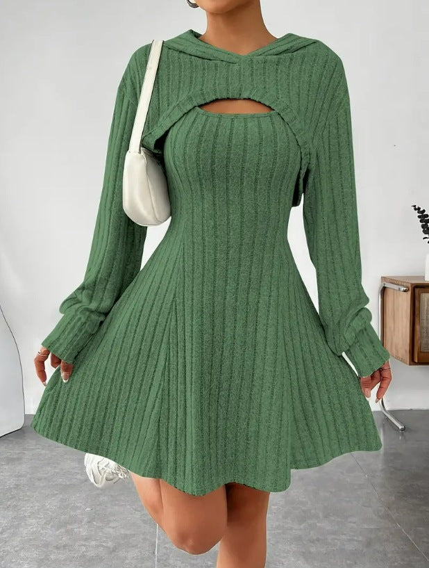 Long Sleeve Hoodie Top and Strap Square Neck A-Line Dress Set 23