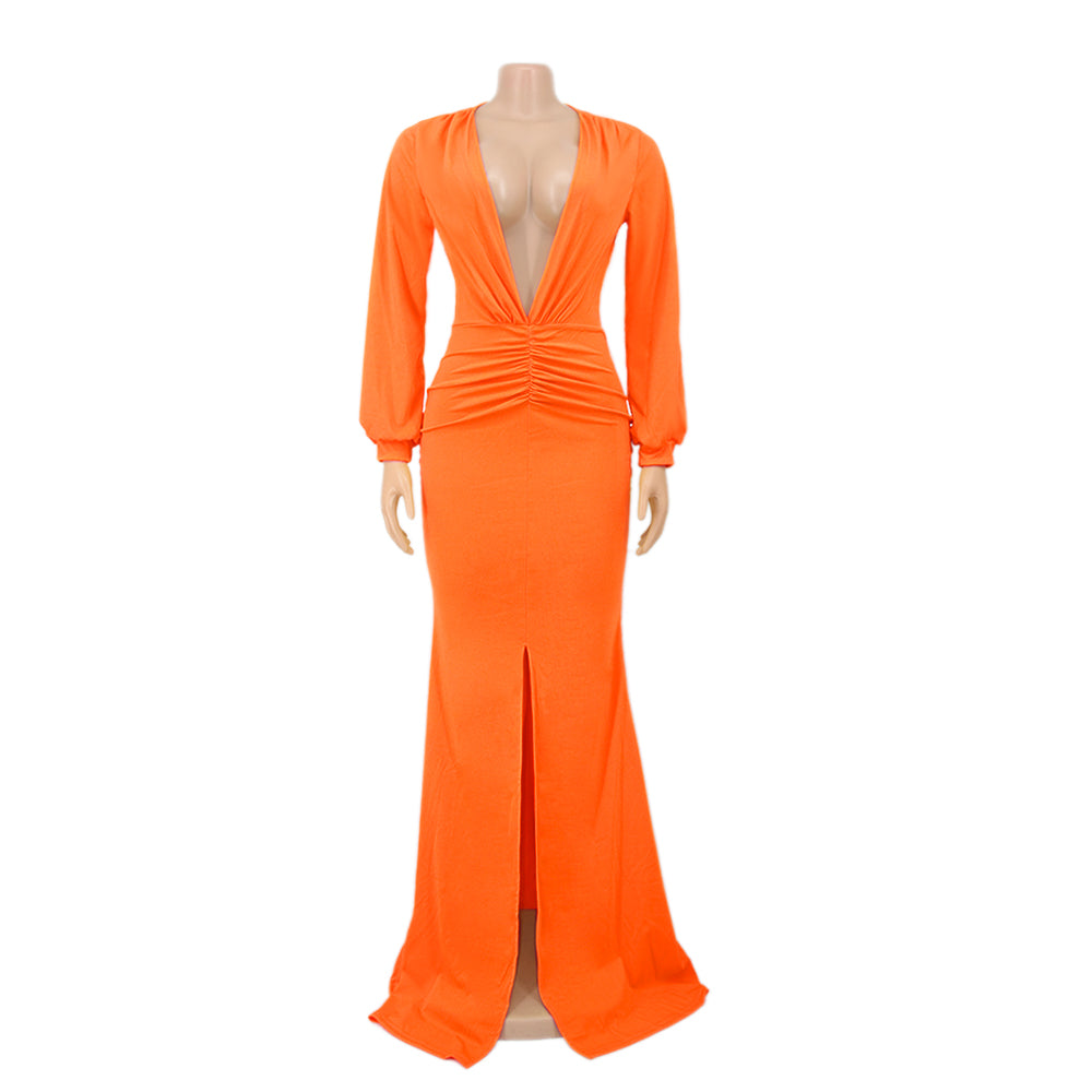 Spring Long Sleeve Deep-V Front Slit Mermaid Orange Evening Dress 3