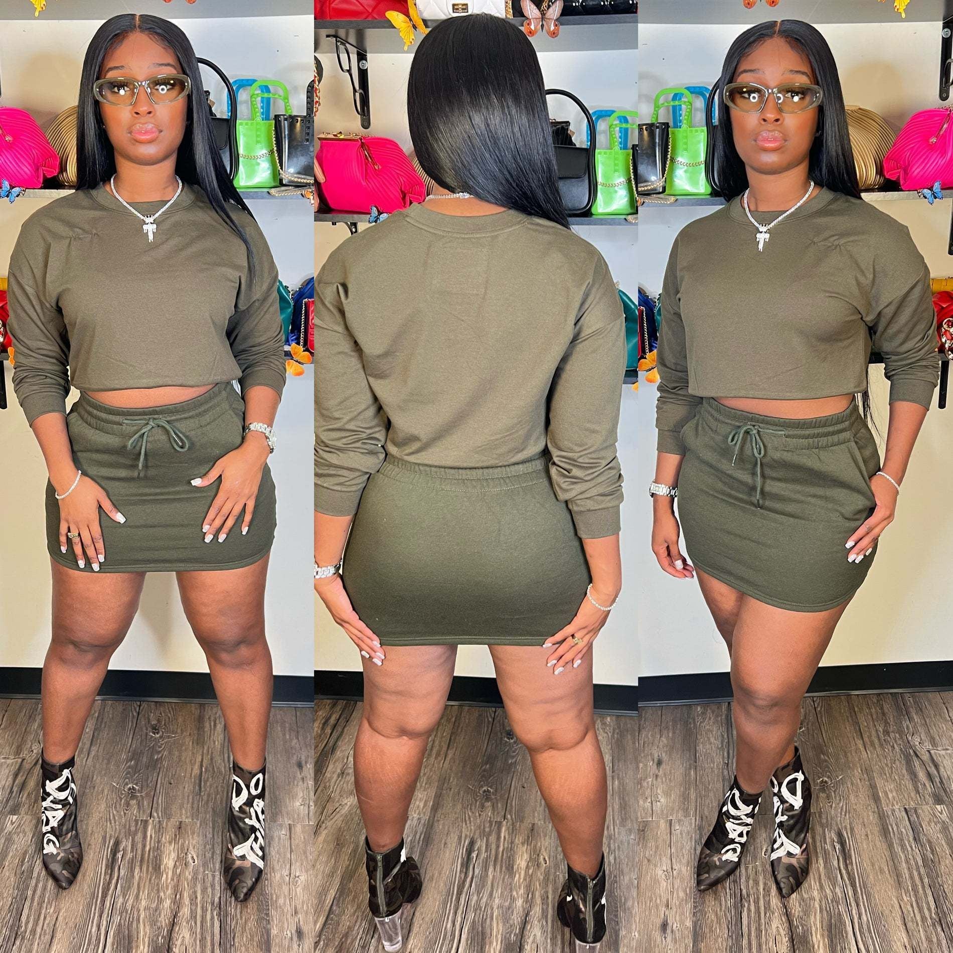 Women Long-Sleeved Solid Bodycon Skirt Two-Piece Set