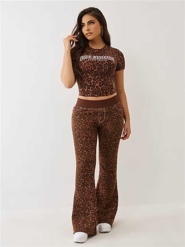 Women Leopard Print Casual Short-Sleeved Top and Bell Bottom Pant Two-Piece Set 3