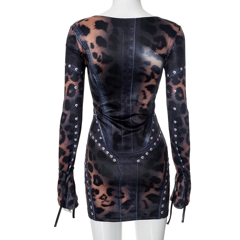 Women's Fashion Print Slim Long Sleeve Bodycon Short Dress 6