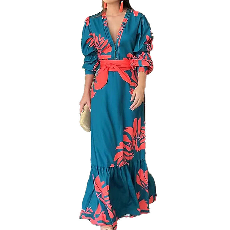 Women button V neck elegant print lace dress 8