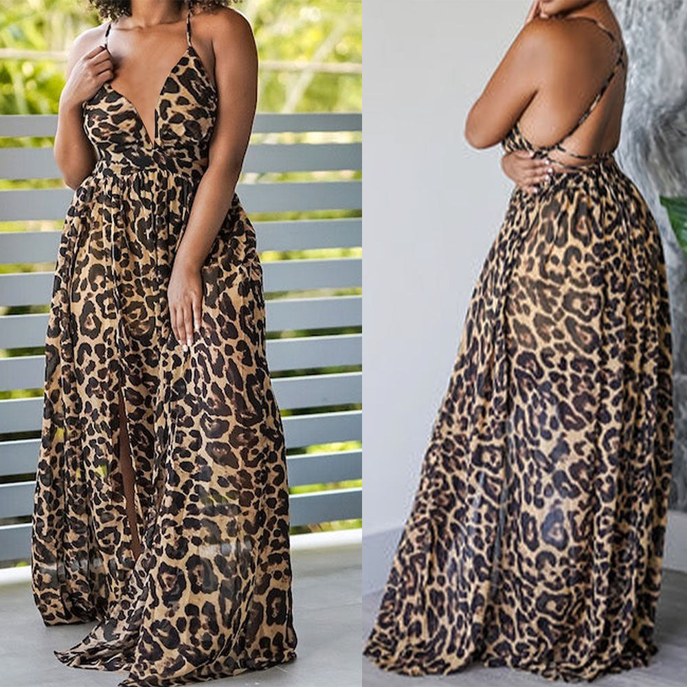 Women split leopard V Neck cross Backless Strap Dress