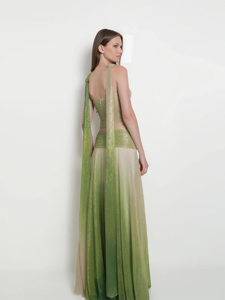 Women Summer Gradient Halter Neck Suspender Top and Skirt Two-Piece Set 13