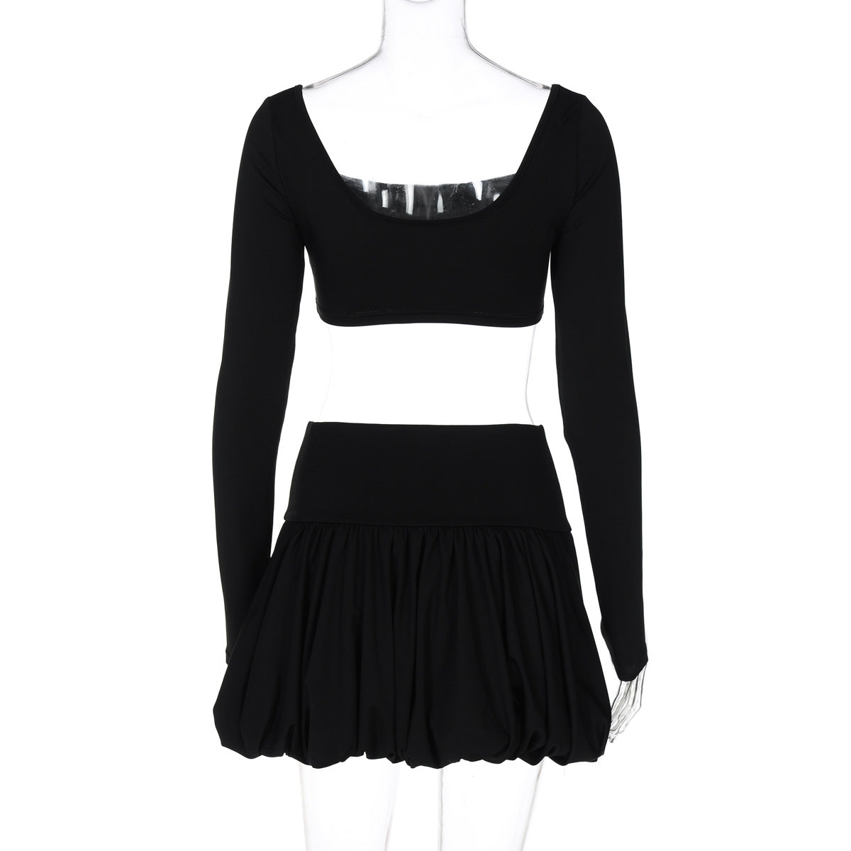 Women Long Sleeve Top and Pleated Skirt Winter Solid Sexy Two-piece Set 8