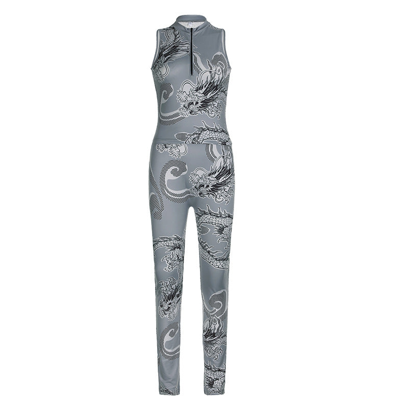 Women's Style Dragon Print Fashion Zip Sleeveless Vest Trousers Casual Two Piece Pants Set 7
