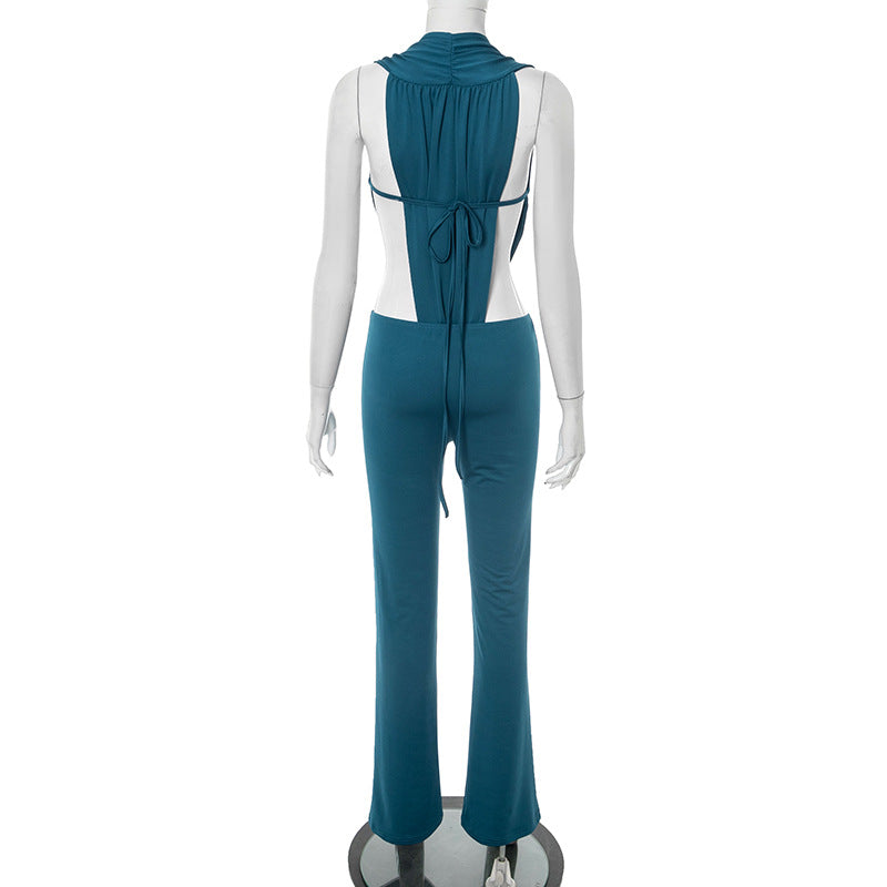 Women Spring and Summer Sexy V Neck Sleeveless Bodysuit and Flared Pants Two-piece Set 22