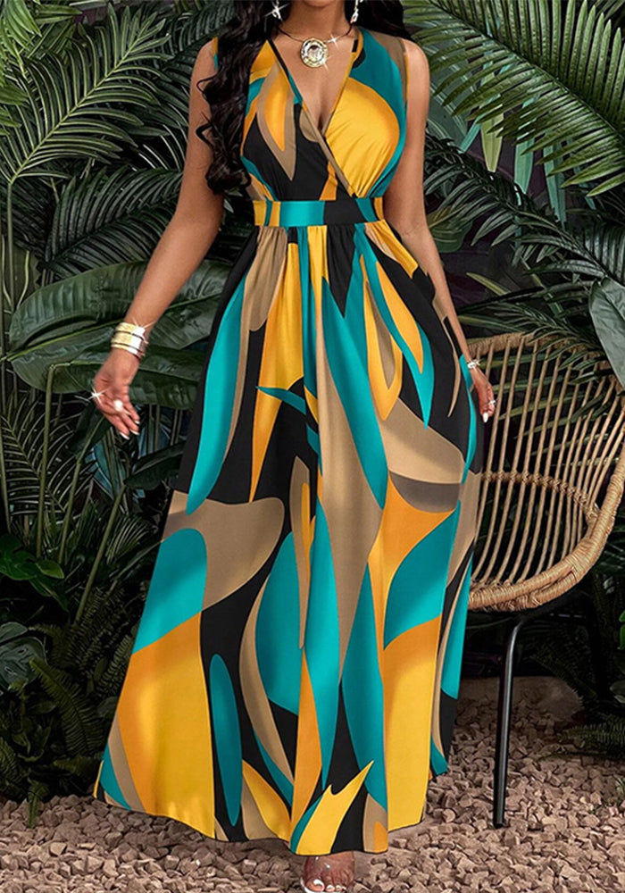 Women's Spring Printed Sleeveless Slim Waist Maxi Dress