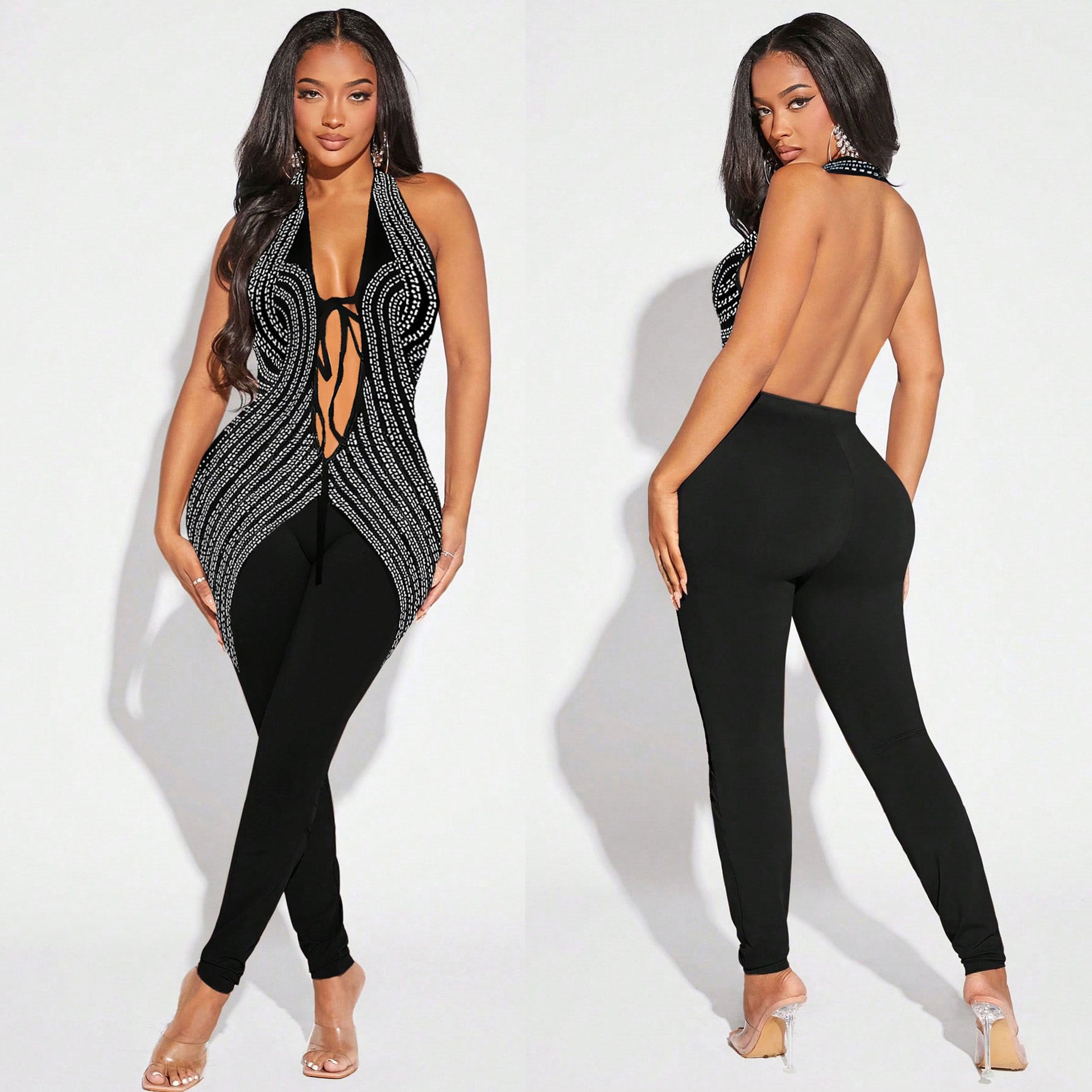Women Halter Neck Stretchy Backless V-neck Jumpsuit 3
