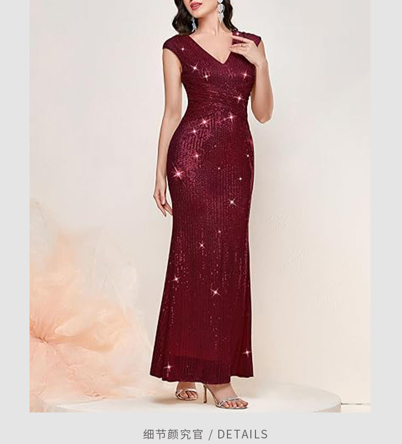 Women's V-Neck Glitter Sequin Pleated Cocktail Dress Bride Gown 3