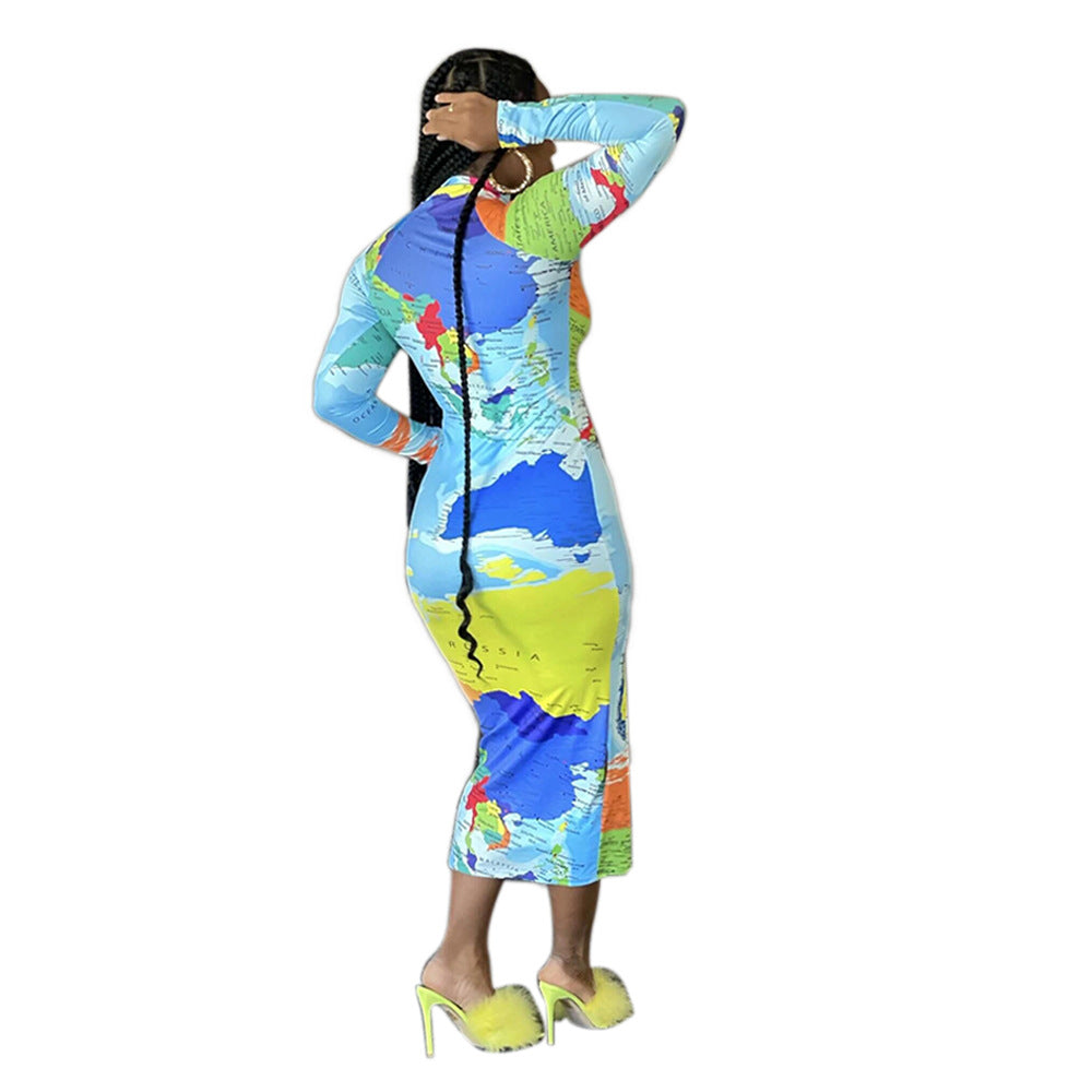 High Neck Long Sleeve Printed Long Dress Fashionable Women's Dress 13