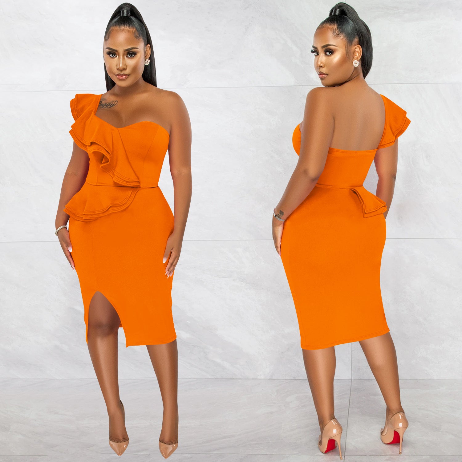 Fashion Casual Ruffle Slit One Shoulder Sleeve Dress Women 12