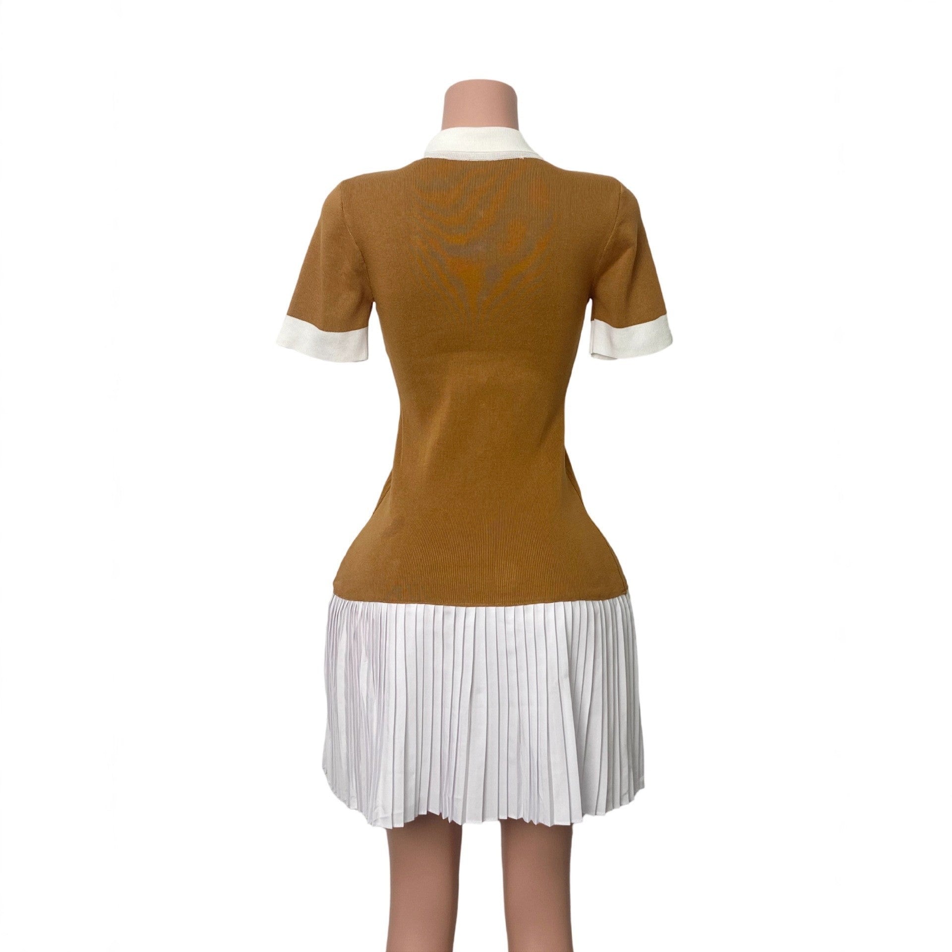 Women Contrast Color Turndown Collar Knitting Short-Sleeved Pleated Dress 12
