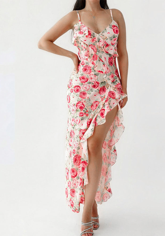 Spring Women's Fashion Elegant High Slit Print Dress