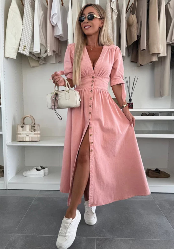 Women V-neck Short Sleeve Denim Button Dress