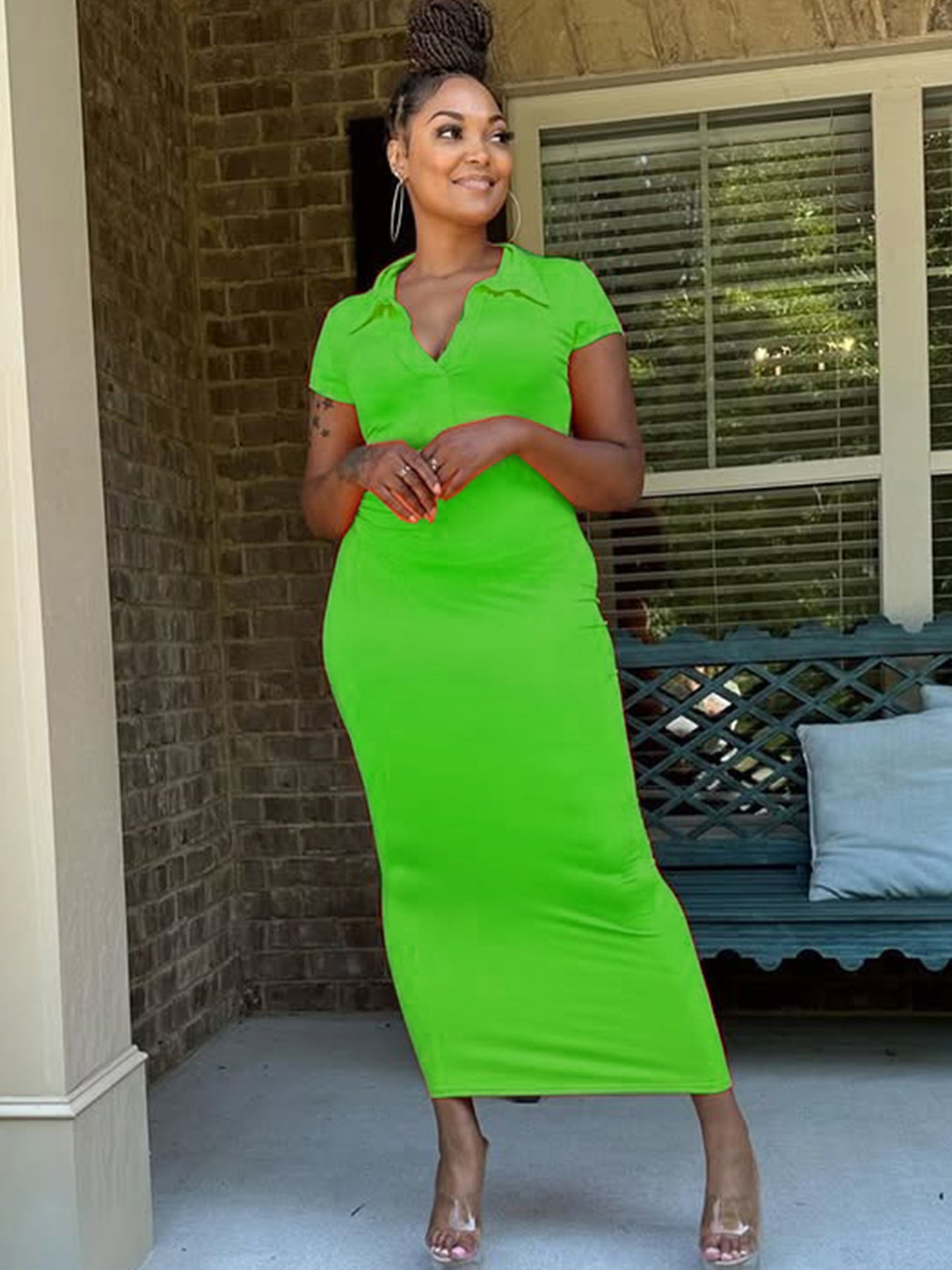 Women Summer Turndown Collar Short Sleeve Sexy Solid Bodycon Dress 5