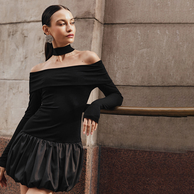 Autumn women's contrast color Off Shoulder long sleeve bubble dress 4