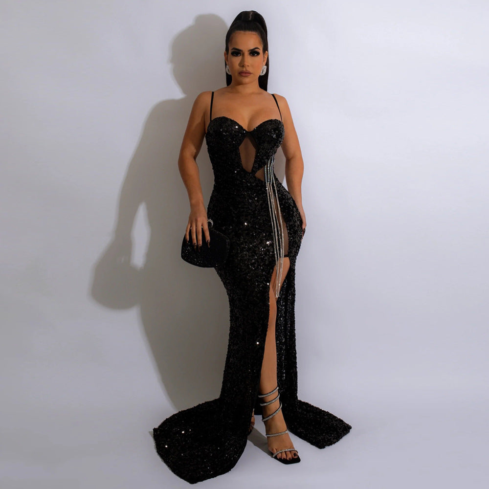 Women'S Sexy Straps Sleeveless Sequined Slit Long Evening Dress 6