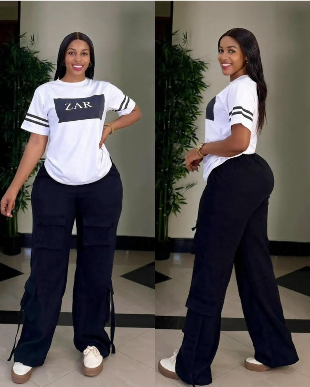 Women Casual Printed Short-sleeved Top and Cargo Pants Two-piece Set