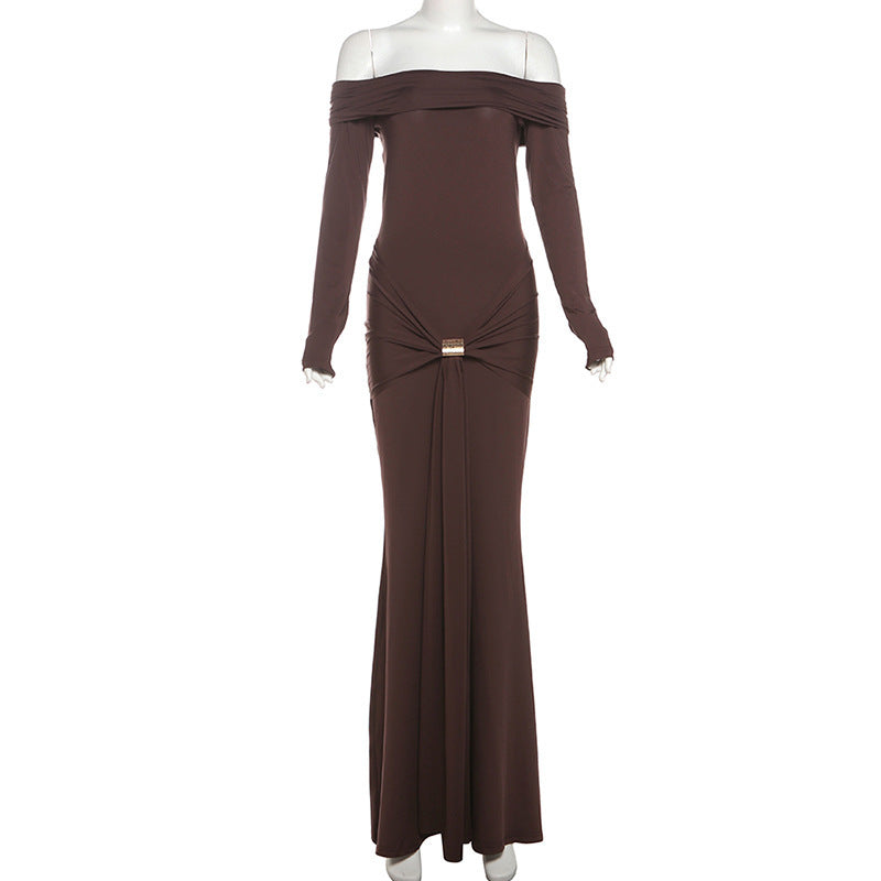 Women Autumn and Winter Off Shoulder Solid Long Sleeve Bodycon Dress 12