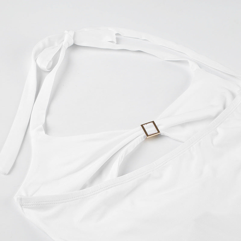 Summer sexy women Holidays metal Patchwork hollow Halter Neck slim short dress 11